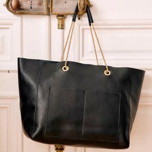 Sézane Gaby Tote Bag: Smooth Black Leather, Chain Handle